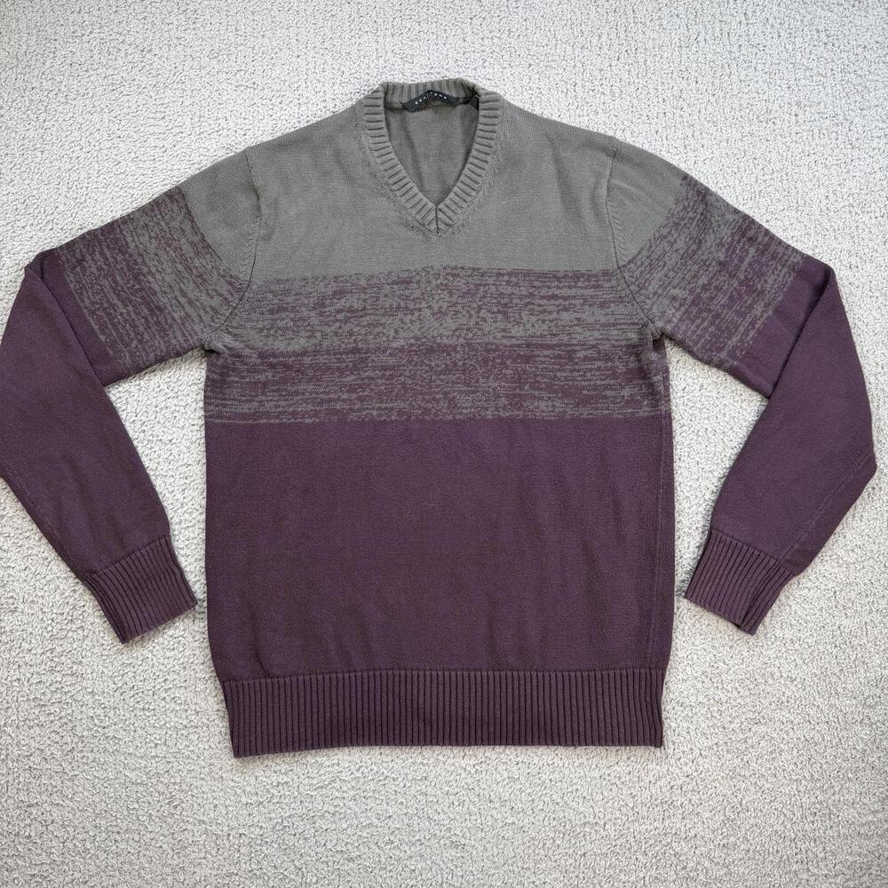 Sean John Gray Plum Colorblock V-Neck Knit Sweater Mens Medium Cotton Gradient